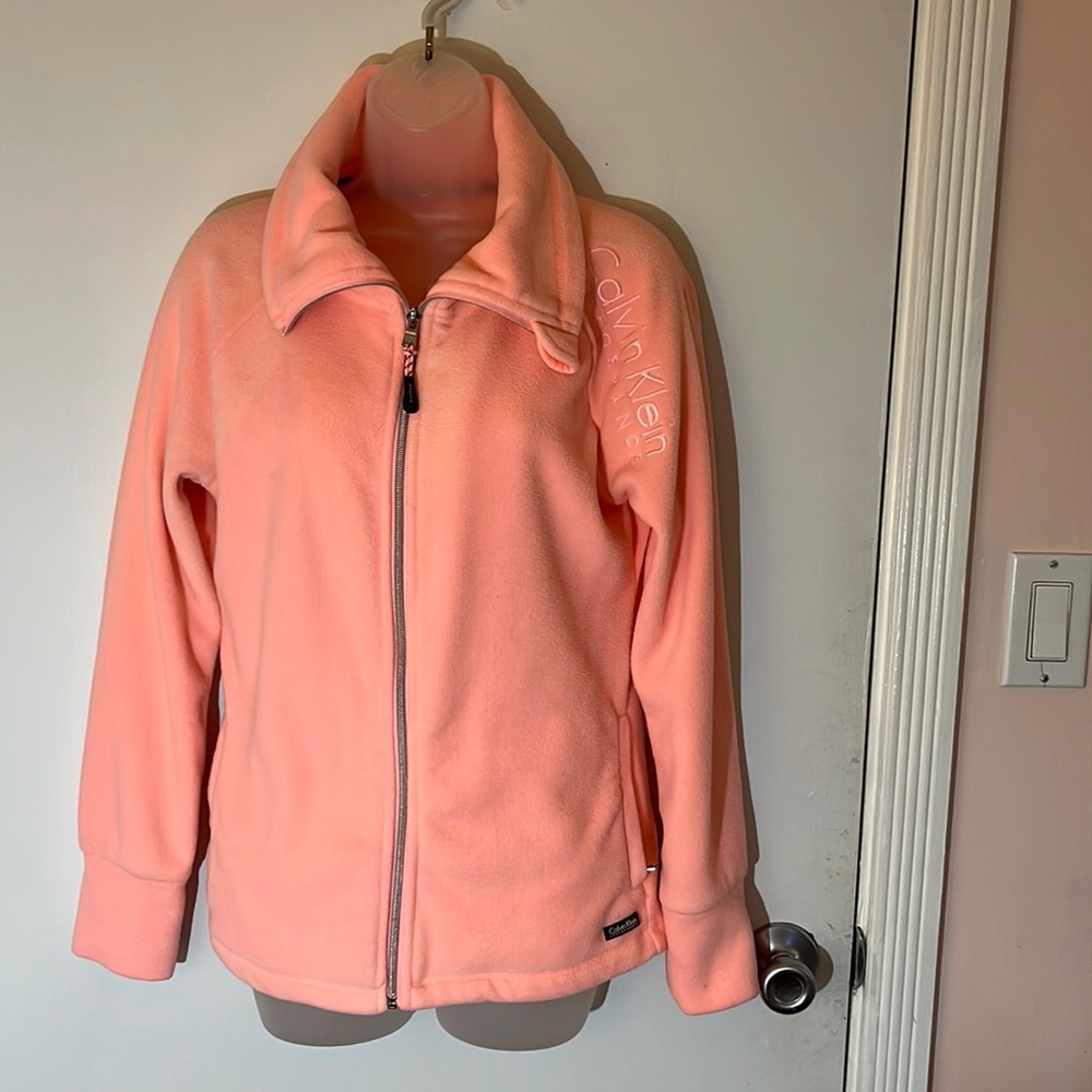 Calvin Klein Bright pink/peach mock neck zip up fleece pockets S
